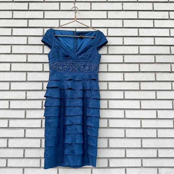 ADRIANNA PAPELL Occasions Blue Embroidered Tiered Dress Cocktail - Picture 1 of 10